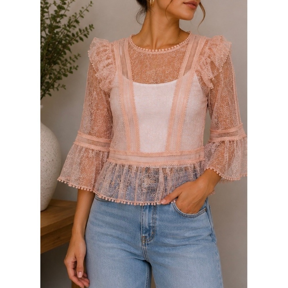Blush Pink Lace Blouse Ruffle Bell Sleeve Pom Pom Trim Top Size-S